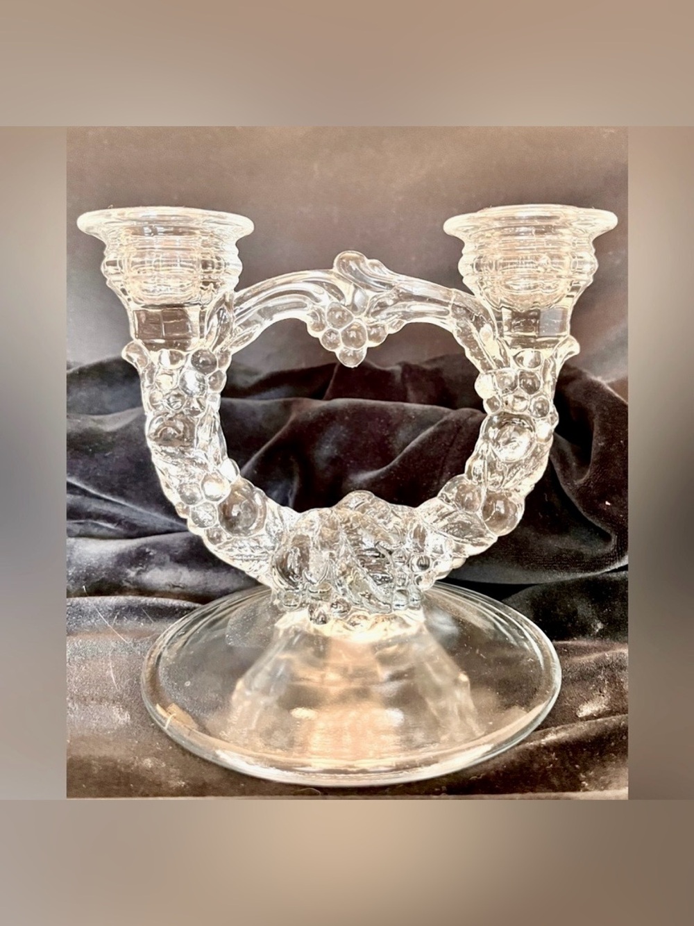 Indiana Glass Grape Garland Double Candlestick Holders Pair of 2 MCM Crystal